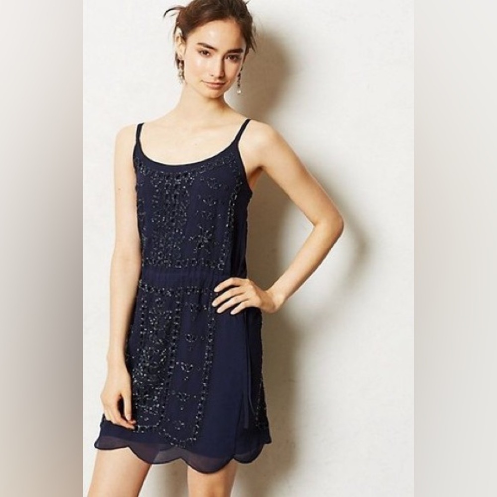 Greylin Beaded Mini Dress Tie Sides Navy Blue Sparkle Party Cocktail Sz M